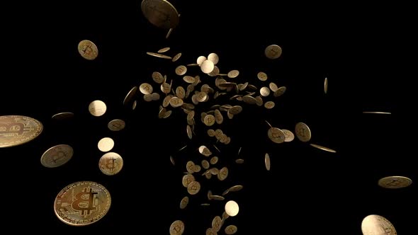 Looped Lots Of Gold Bitcoins Flying To Camera In Slow Motion With Luma Matte