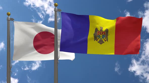 Japan Flag Vs Moldova Flag On Flagpole