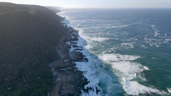 Aerial view of Otter trail shoreline morning, Eastern Cape, South Africa.
