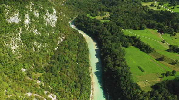 Drone Flight Over River Soca In Mountain Landscape