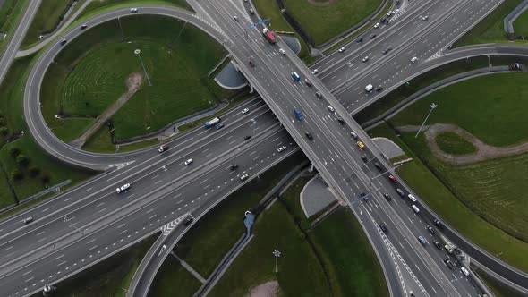 Autos Drive Along Highway Multilevel Traffic Intersection