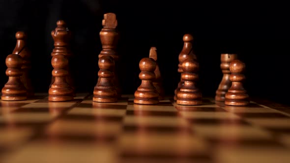 Low slide shot on the front brown row of a chess board.