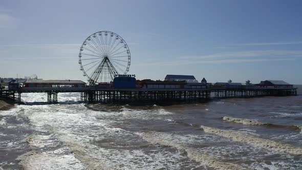 Stunning aerial view of the famous Blackpool pier at high tide, by the award winning Blackpool beach