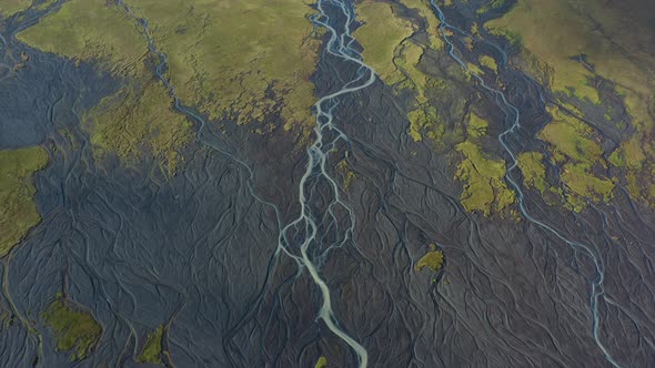 Drone Over Landscape With Dry Riverbed Of Braided River