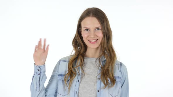 Waving Hand to Welcome, Beautiful Woman on White Background