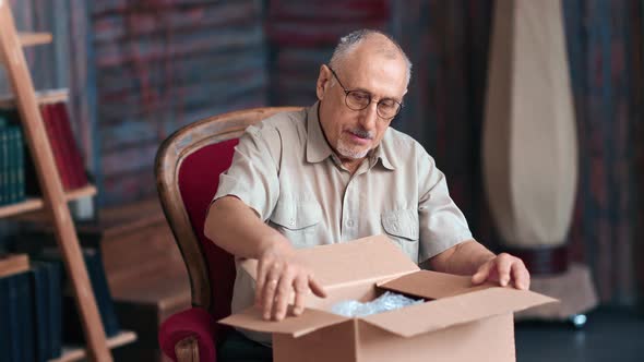 Overjoyed Grandfather Aged Man Open Cardboard Box Marketplace Order Online Shopping Sale