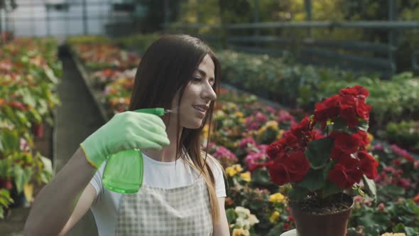 Girl sprays flowers in the garden. Caucasian woman takes care of plants by moisturizing them. Slow m