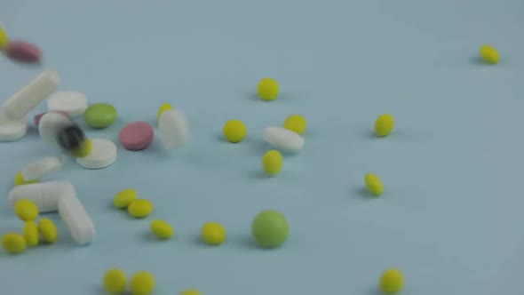 Medical Pills Falling Down. Medicine Concept. Coloured Capsules, Pills, Tablets