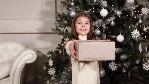 Portrait of a Small and Happy Girl Who is Holding a Box with a Christmas Present and Giving It