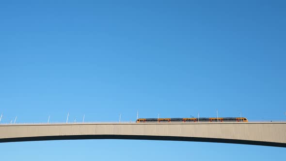 European Electrical Trains Moves on Bridge Railways in City of Porto Portugal