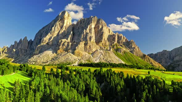 Majestic view of Passo delle Erbe in Dolomites, aerial view