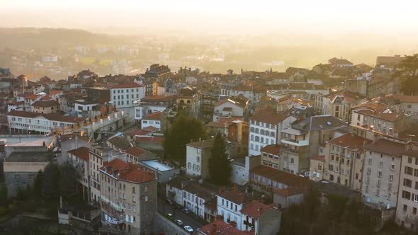 Aerial View of Dense Historic Center of Thiers Town in PuydeDome Department AuvergneRhoneAlpes