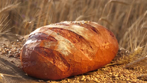 Tasty Bread Lies in a Field on a Bag with Ears of Corn and Wheat. Baking Bread. Wheat Field