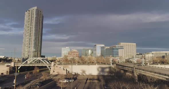 Denver LODO drone flight to reveal city scape.