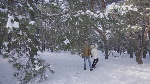 Couple Walking in a Beautiful Snowy Forest Holding Hands