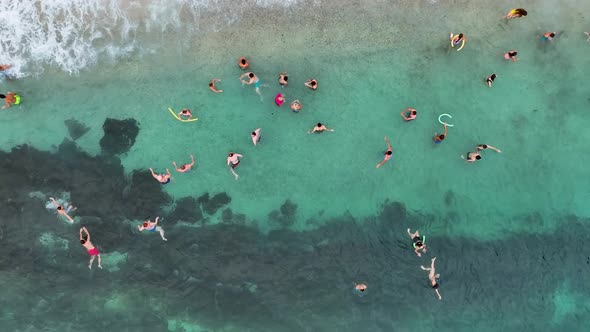 People swim in the sea aerial view 4 K Turkey Alanya