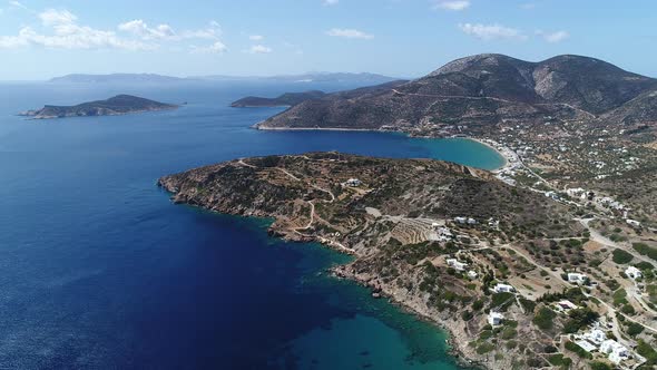 Faros beach on the island of Sifnos in the cyclades in Greece seen from the sky