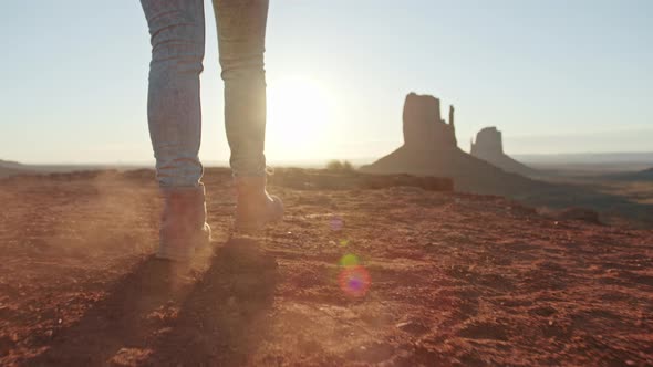 Woman Walking Along the Monument Valley Mountains to Viewpoint Active Tourist