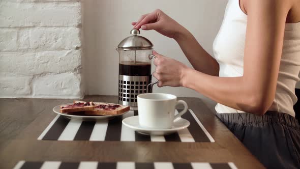 Breakfast. Woman Drinking Coffee In Morning