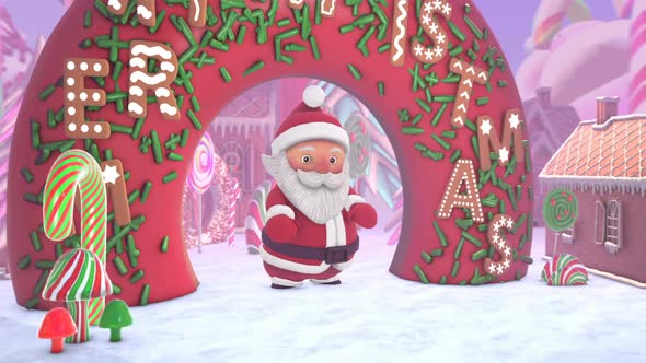 Santa dancing hiphop in a candy village