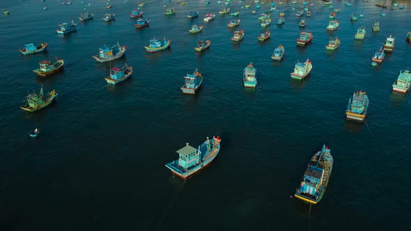 Fishing Boats Floating On Sea Surface In The Township Of Phan Ri In Binh Thuan Province, Vietnam. ae