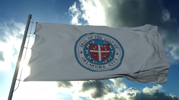 Flag of Oklahoma City of United States of America Waving at Wind in Blue Sky