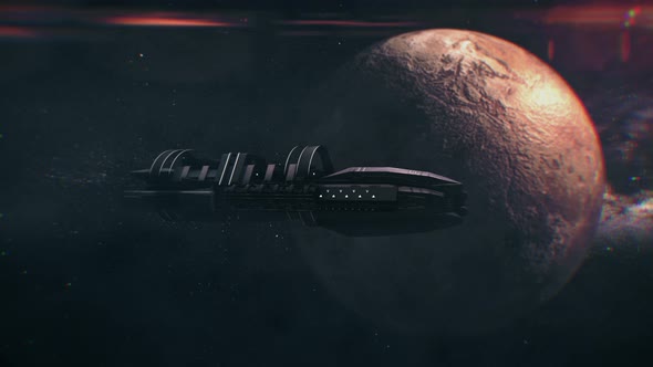 Interstellar spaceship slowly flying in outer space near a dead planet. Futuristic rocket in cosmos alt