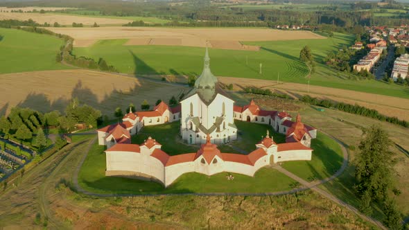 Flying Around the Pilgrimage Church of Saint John of Nepomuk on the Green Hill at Sunset