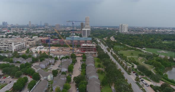 Aerial view of city of Houston landscape near the Buffalo Bayou. This video was filmed in 6k and dow