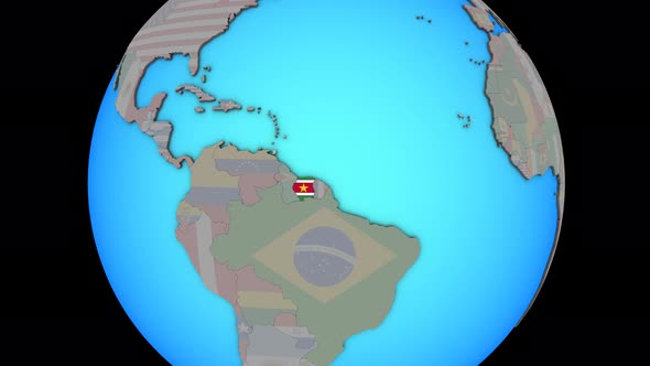 Suriname with flag on 3D map