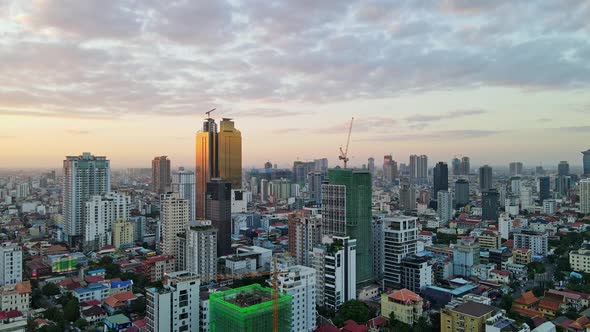 Aerial View Of Golden Tower Skyscraper At Sunset In Phnom Penh, Cambodia.