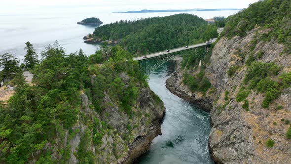 Drone shot of Deception Pass bridge on Whidbey Island.