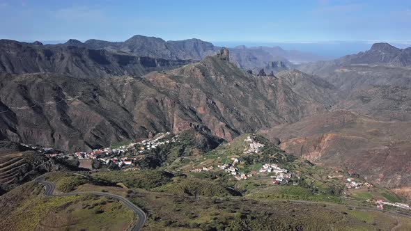 Aerial of Bentayga Rock and Tejeda Village, Gran Canaria