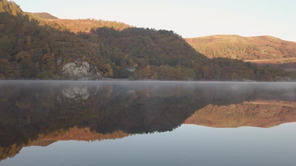 A mirror reflection of trees with autumn colours from Ullswater lake