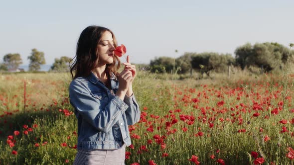 Girl in a Wonderful Field of Red Poppies