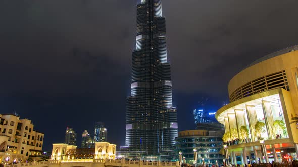 Dubai Burj Khalifa at Night Time Lapse. Pan Up