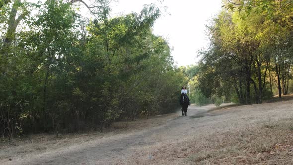 Beautiful Woman Walking with a Black Horse in the Park.