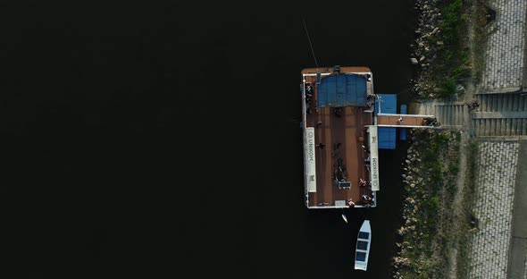 Aerial view of a ferry stop along Drava river in Osijek, Croatia.