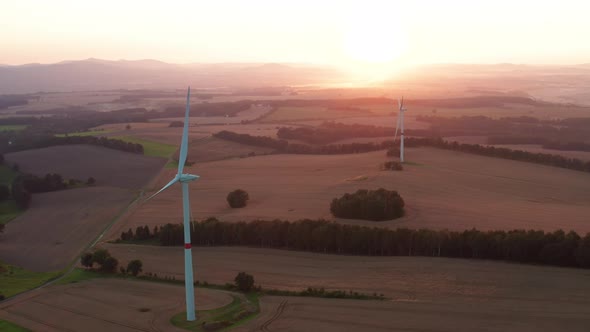 Powerful Wind Machines Built at Electric Station at Sunset