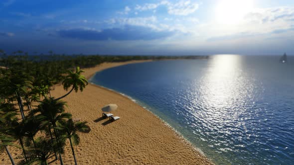 Loungers And Umbrella On Tropical Beach