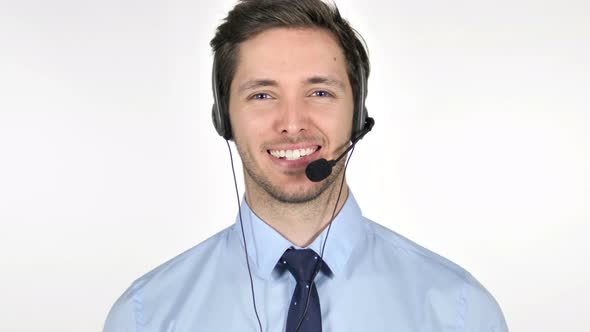 Smiling Young Call Center Agent on White Background