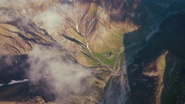 Nice Aerial Shot of Caucasus Mountains and Dariali Gorge From the Clouds Georgia Europe