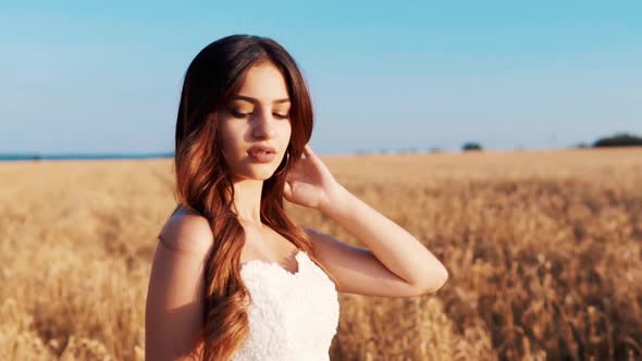 Beautiful bride in wheat field on sunsetBride In Wheat Field On Sunset