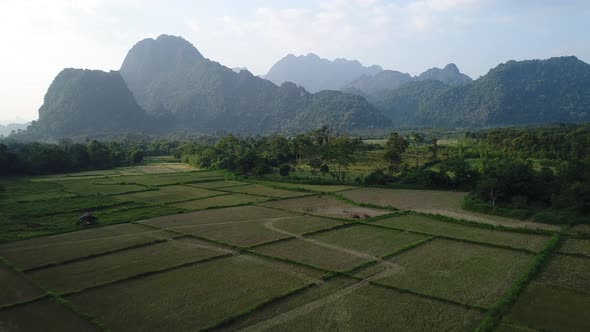 Natural landscapes around the city of Vang Vieng in Laos seen from the sky