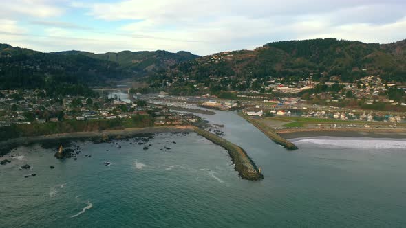 Port of Brookings, Oregon. Aerial view of harbor and jetty.