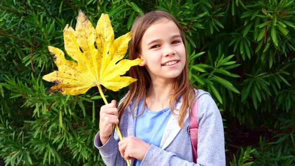 Funny Cute Girl Teen with a Large Yellow Autumn Leaf in Front of a Green Hedge