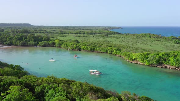 Beautiful view of three boats anchored in Diamante beach, Cabrera Dominican Republic