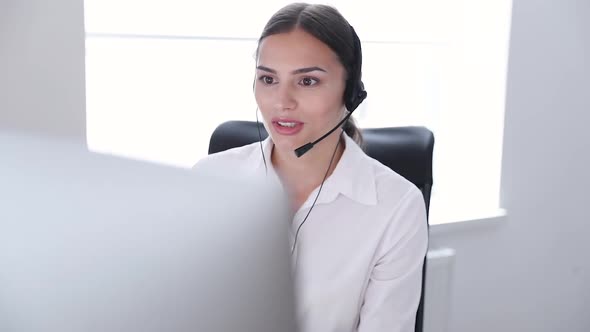 Call Center. Woman Operator In Headset On Hotline Support