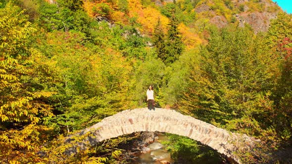 Female Tourist Walks On Ottomon Style Bridge Landmark 