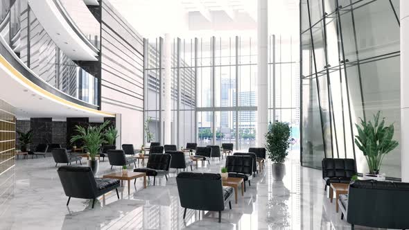 Luxury Hotel Lobby Or Company Lobby With Black Colored Leather Armchairs